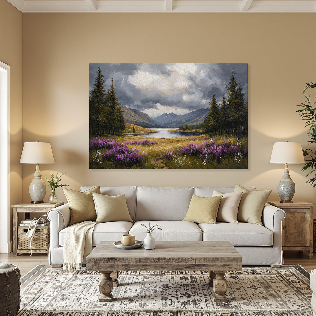 Framed Wall Art: Landscape painting of a serene lake scene with purple wildflowers. Earthy tones and dramatic sky create a calming, elegant aesthetic.