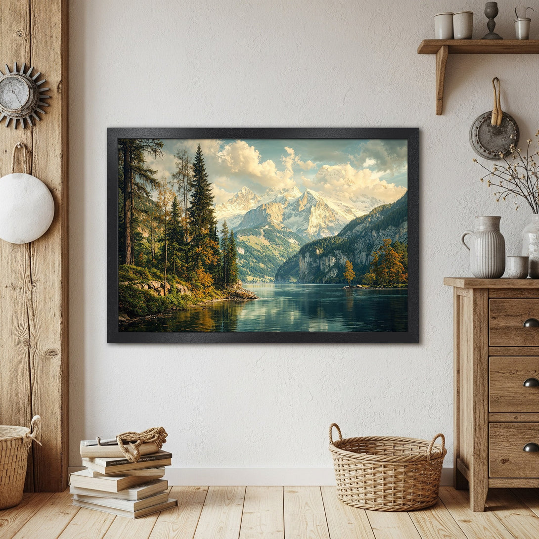 Framed Poster of a serene mountain lake landscape in a warm, natural color palette. Perfect wall art!