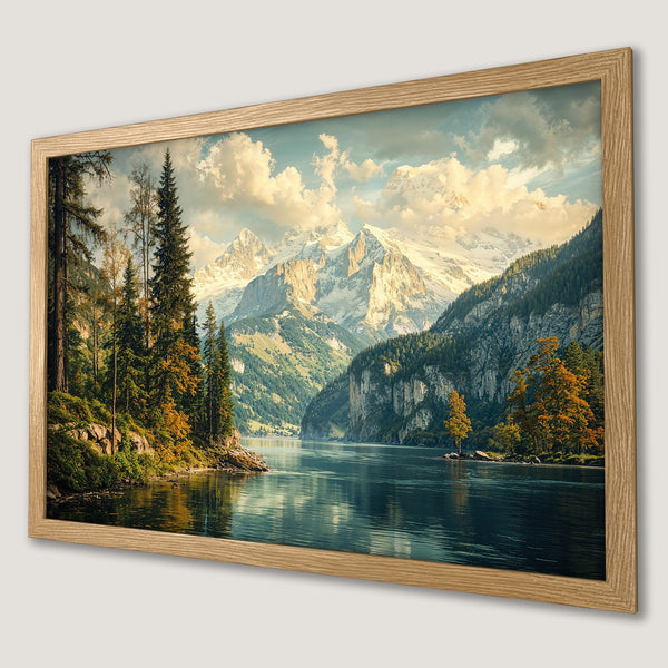 Framed Poster of a stunning mountain lake landscape. Featuring a natural style with a serene blue, green, and gold color palette.