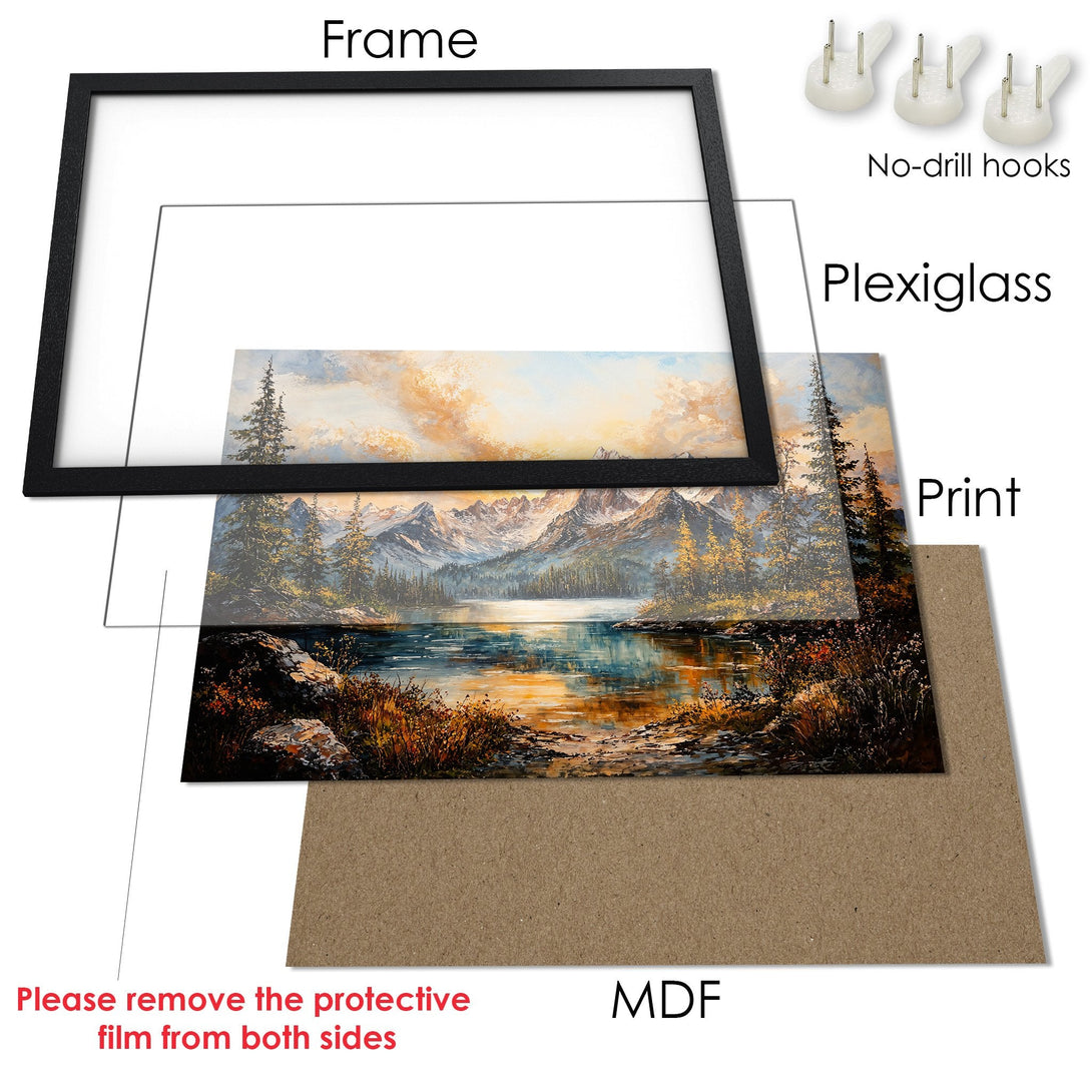 Framed Poster of a mountain lake landscape painting in warm tones, with black frame and plexiglass. Ready to hang!