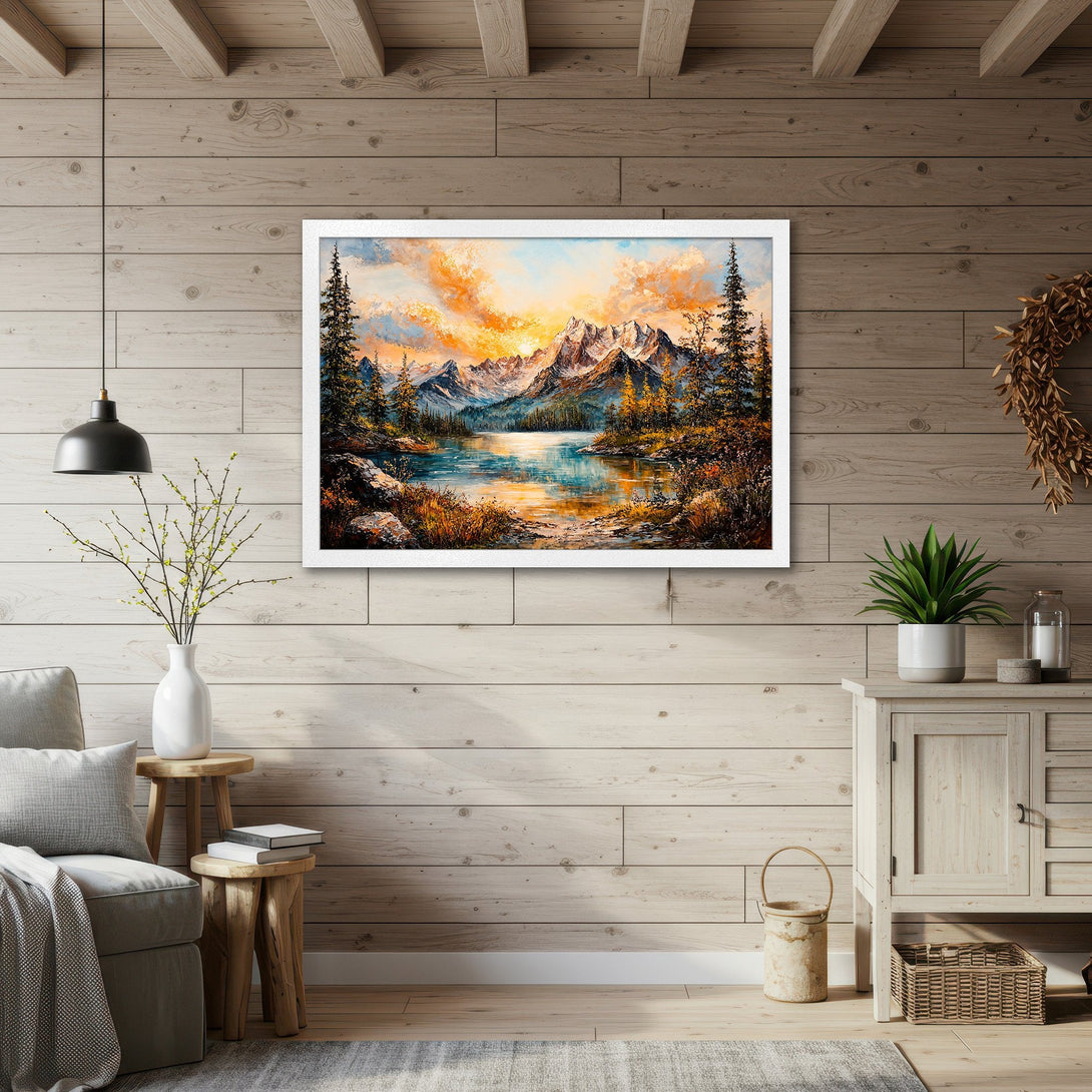Framed Poster of a mountain lake landscape in warm orange and blue tones. Perfect wall art for a cozy home.