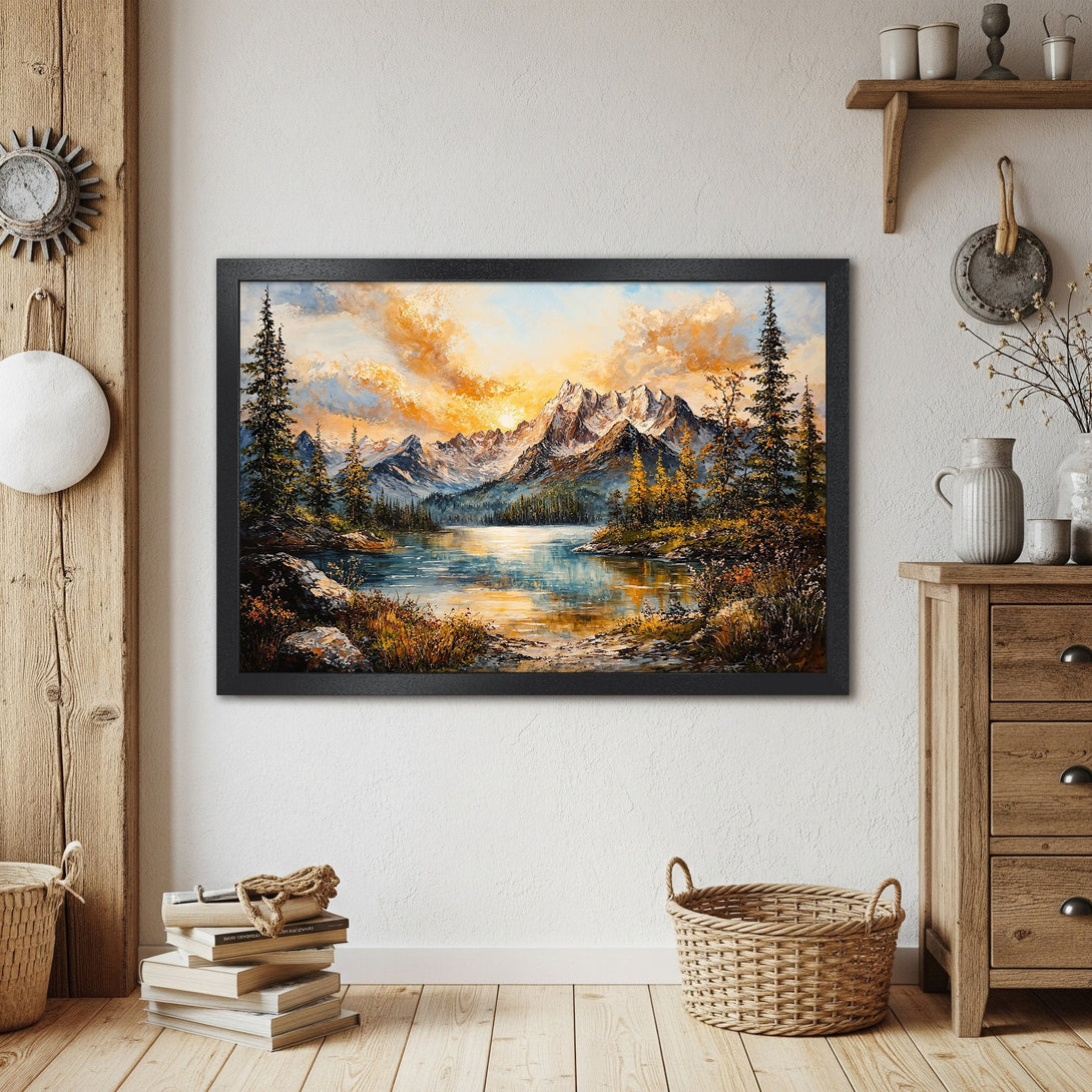 Framed Poster of a mountain lake landscape, impressionist style, warm orange and blue color palette. Perfect wall art!