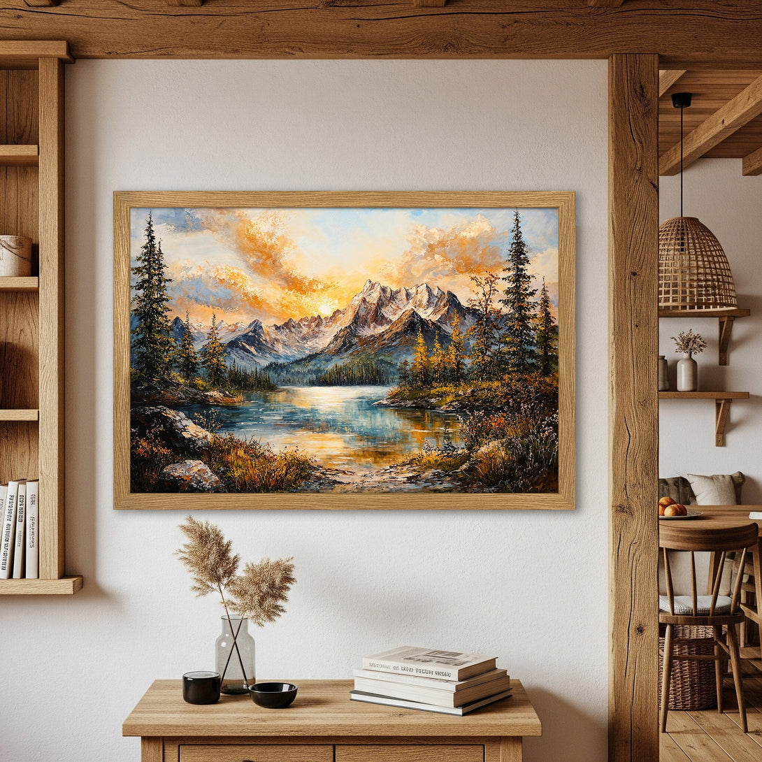 Framed Poster of a mountain lake landscape painting in warm tones. Perfect wall art for your home!