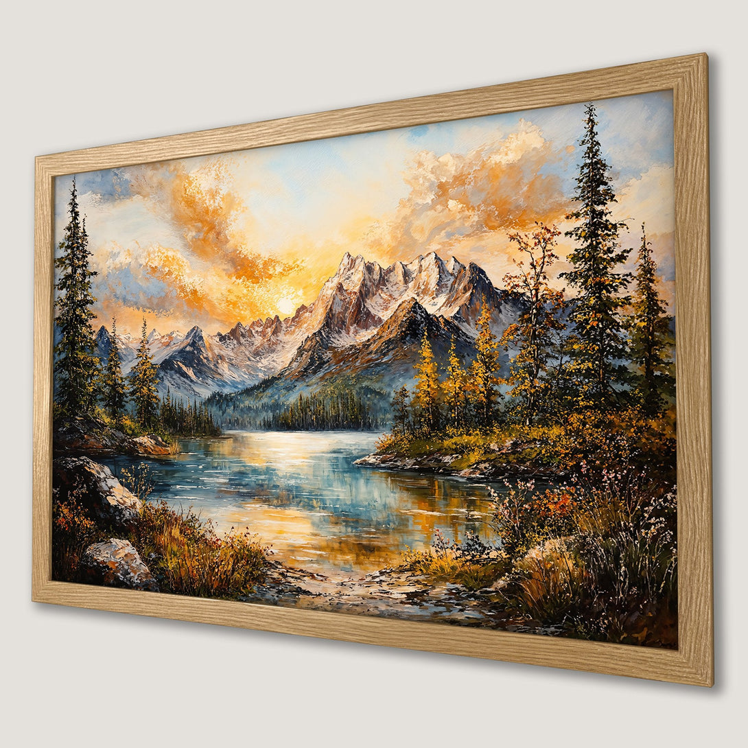 Framed Poster: Mountain landscape art print with warm sunset colors. Perfect wall decor for any room.