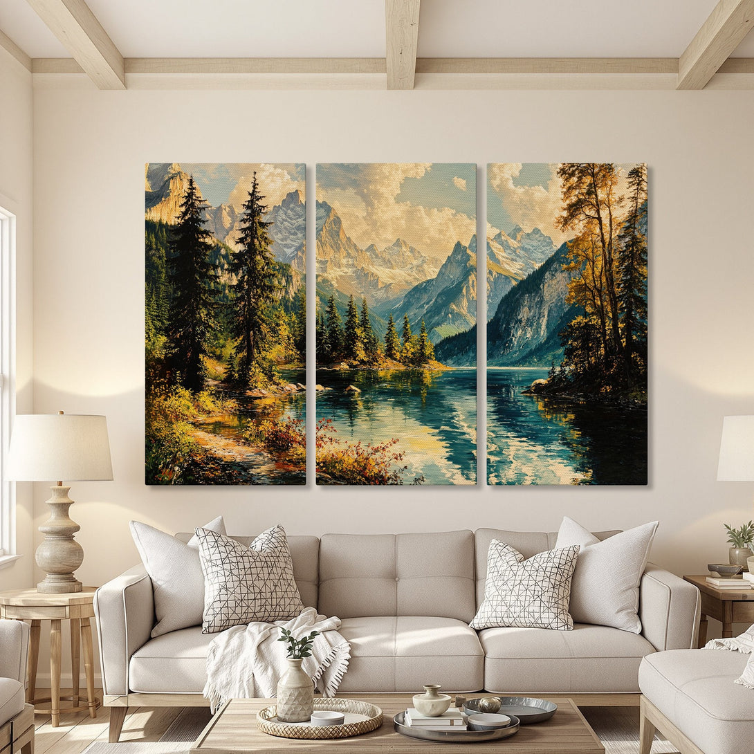 Canvas Print of a serene mountain lake scene in a warm, natural color palette. Perfect wall art for a calming living room.
