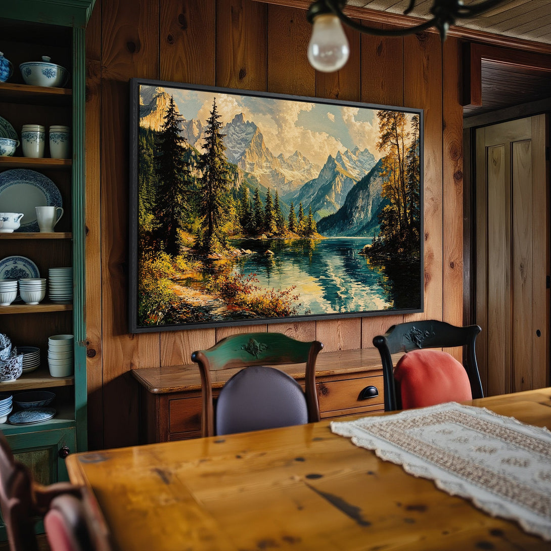 Framed Wall Art: Mountain landscape canvas print with vibrant blues, greens, and golds. Perfect for rustic home decor, adding a touch of nature's beauty.
