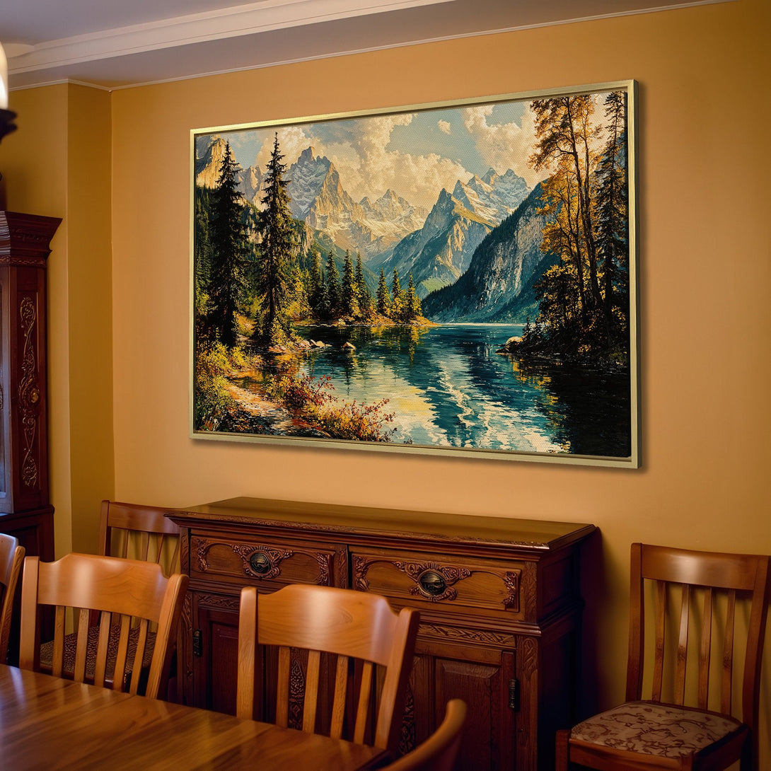 Canvas Print of a serene mountain lake landscape in a warm, neutral color palette, perfect for adding a touch of nature to your home.