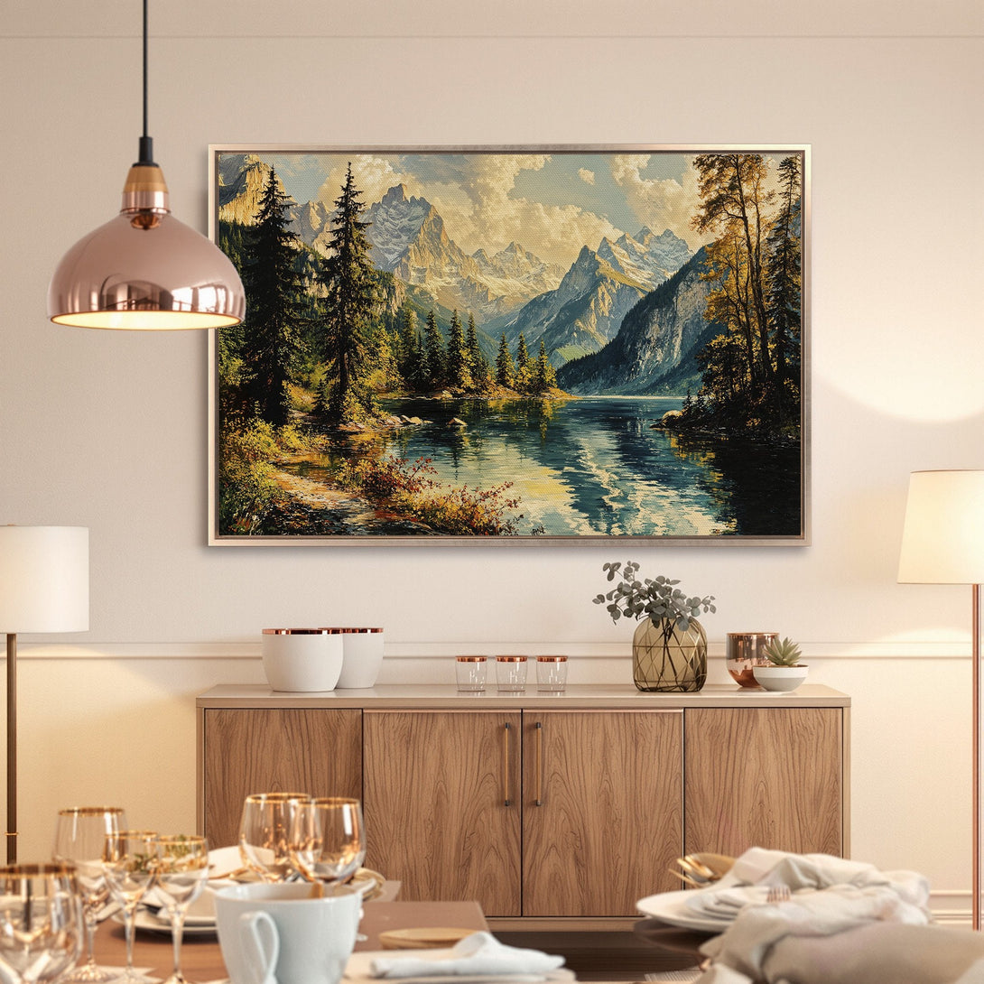 Framed Wall Art: Majestic mountain landscape Canvas Print in warm earth tones. Perfect for adding a touch of nature and elegance to any interior.
