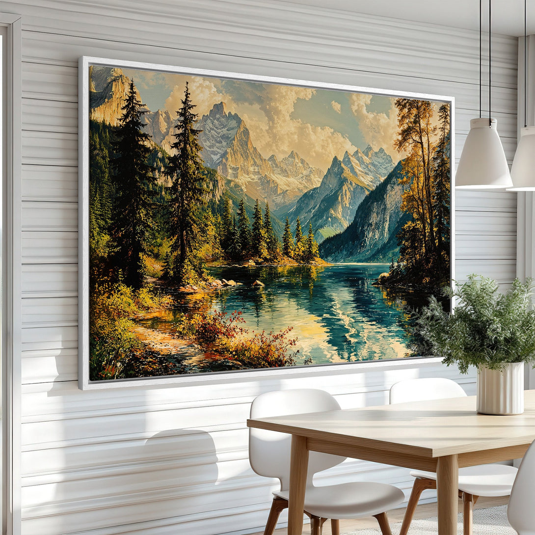 Framed Wall Art: Majestic mountain lake landscape Canvas Print. Warm, earthy tones with cool blues and greens. Perfect for adding a touch of nature to your home.