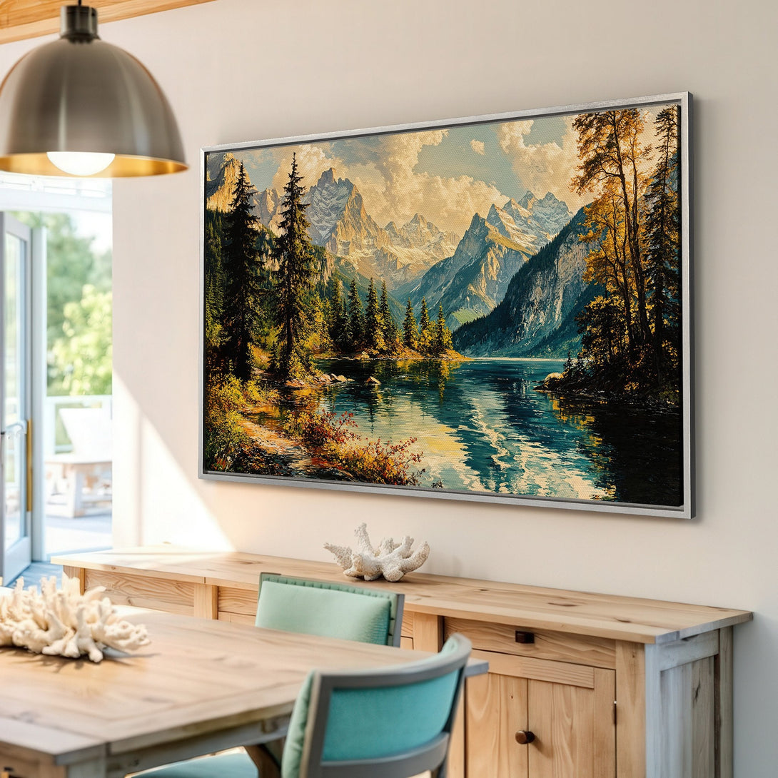 Framed Wall Art: Scenic mountain lake canvas print in a warm, inviting interior. Features a landscape painting with blues, greens, and earth tones. Perfect for home decor!