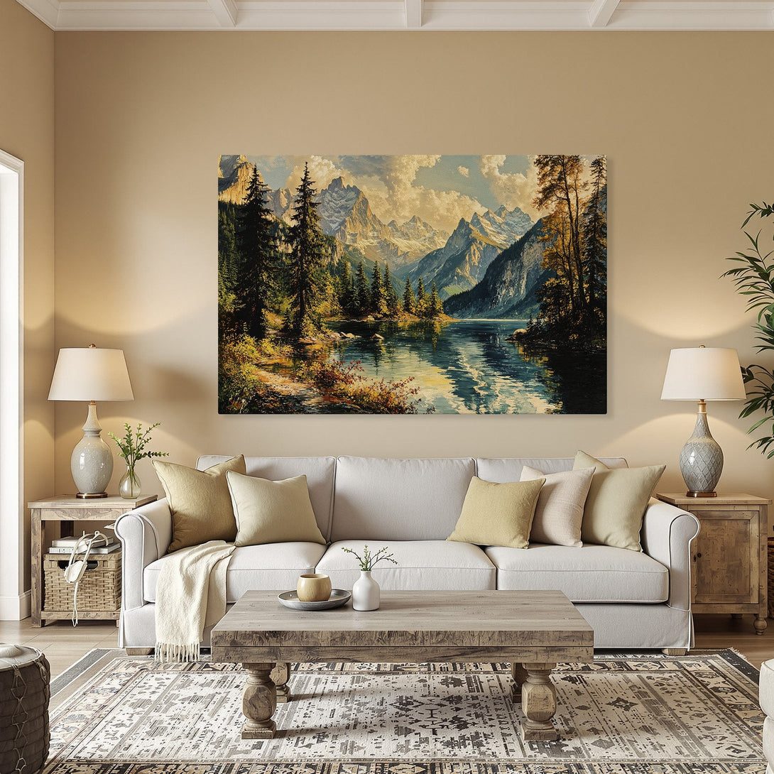 Framed Wall Art Canvas Print featuring a serene mountain lake scene in a classic style, with a calming blue, green, and gold color palette.