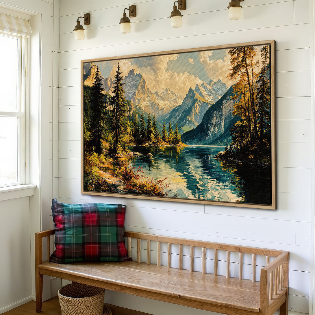 Framed Wall Art: Serene landscape Canvas Print with mountains & lake, warm color palette. Perfect for rustic home decor.