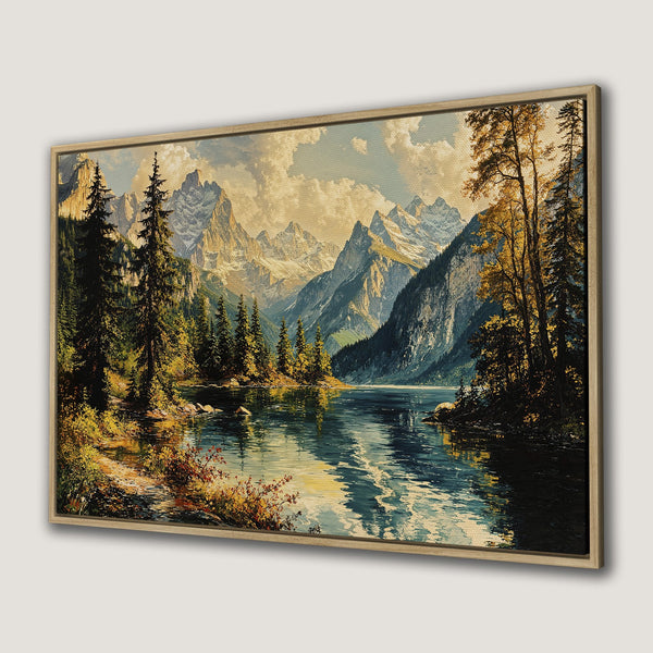 Framed Wall Art: Serene mountain lake landscape in a vintage style, featuring a natural color palette of blues, greens, and golds. Perfect for home decor!