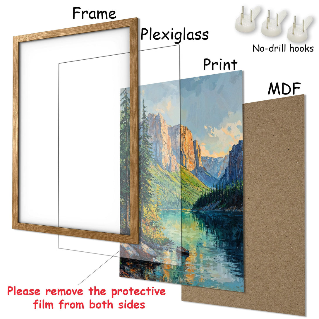 Framed Poster of a vibrant landscape painting. Features a natural color palette with blues, greens, and warm earth tones. Ready to hang!