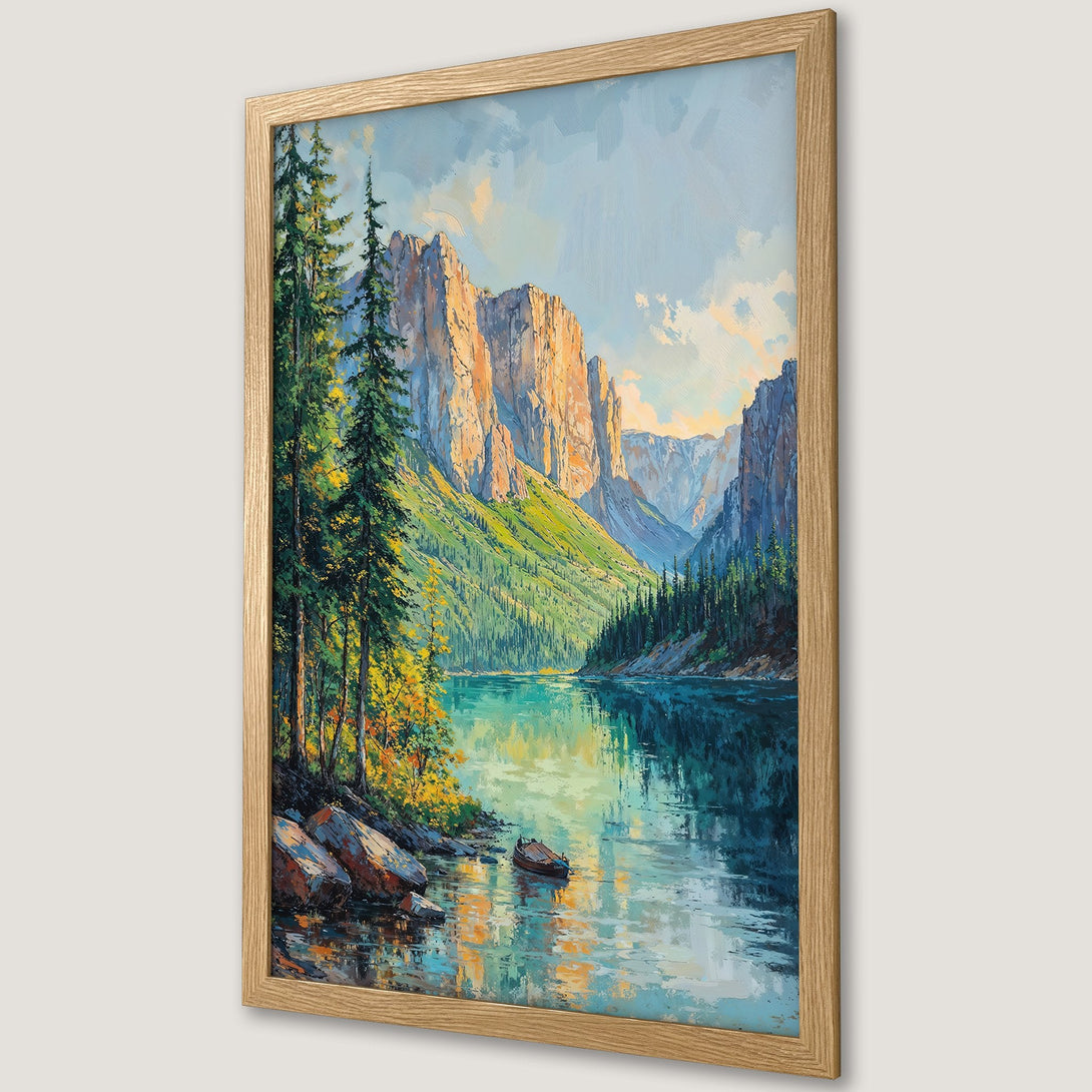 Framed Poster of a stunning mountain lake landscape painting. Features a vibrant color palette with blues, greens, and warm golden hues.