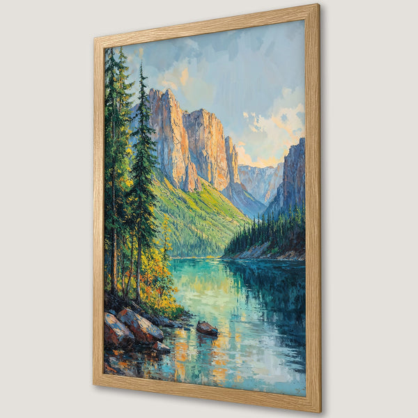 Framed Poster of a stunning mountain lake landscape painting. Features a vibrant color palette with blues, greens, and warm golden hues.