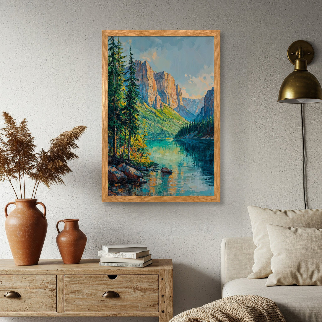 Framed Poster of a serene mountain lake landscape, painted in a classic style with a blue, green, and brown color palette. Perfect wall art!