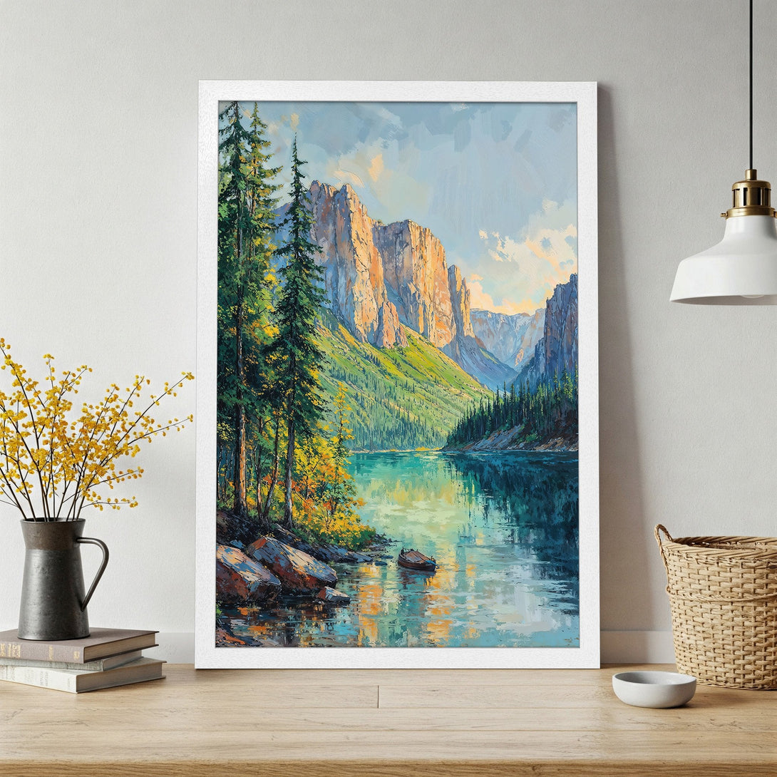 Framed Poster of a scenic mountain landscape in an impressionist style with a blue and green color palette. Perfect wall art!