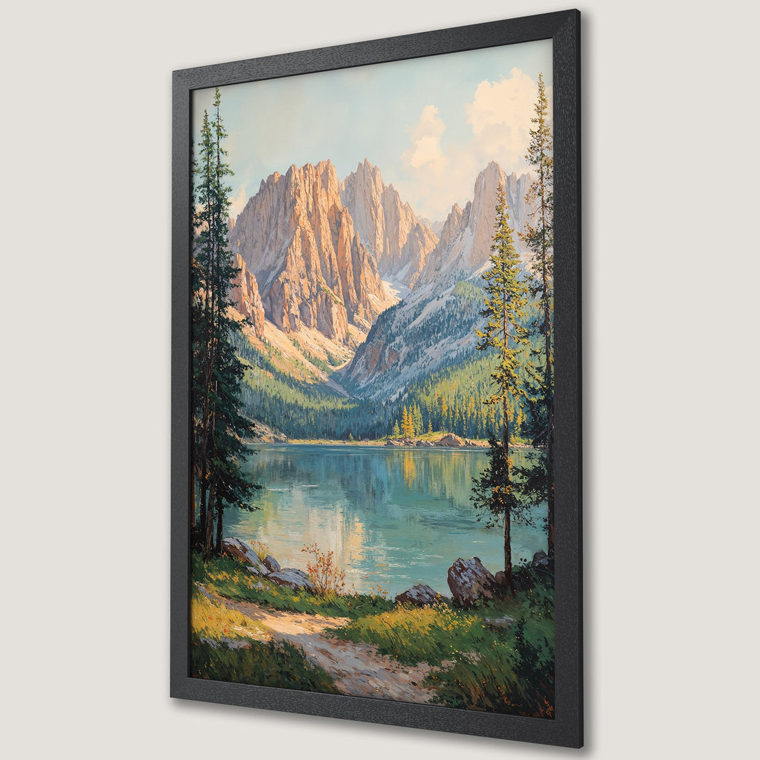Framed Poster featuring a stunning mountain lake landscape in a painterly style with a natural color palette. Perfect wall art!