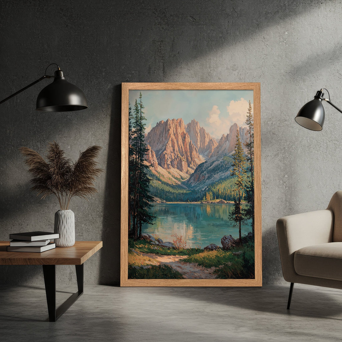 Framed Poster: Mountain landscape art print in a warm, natural color palette. Perfect wall decor for a serene and stylish home.