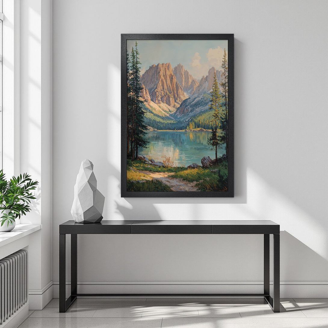 Framed Poster of a serene mountain lake landscape, vintage style, with natural greens, blues, and earth tones. Perfect wall art!
