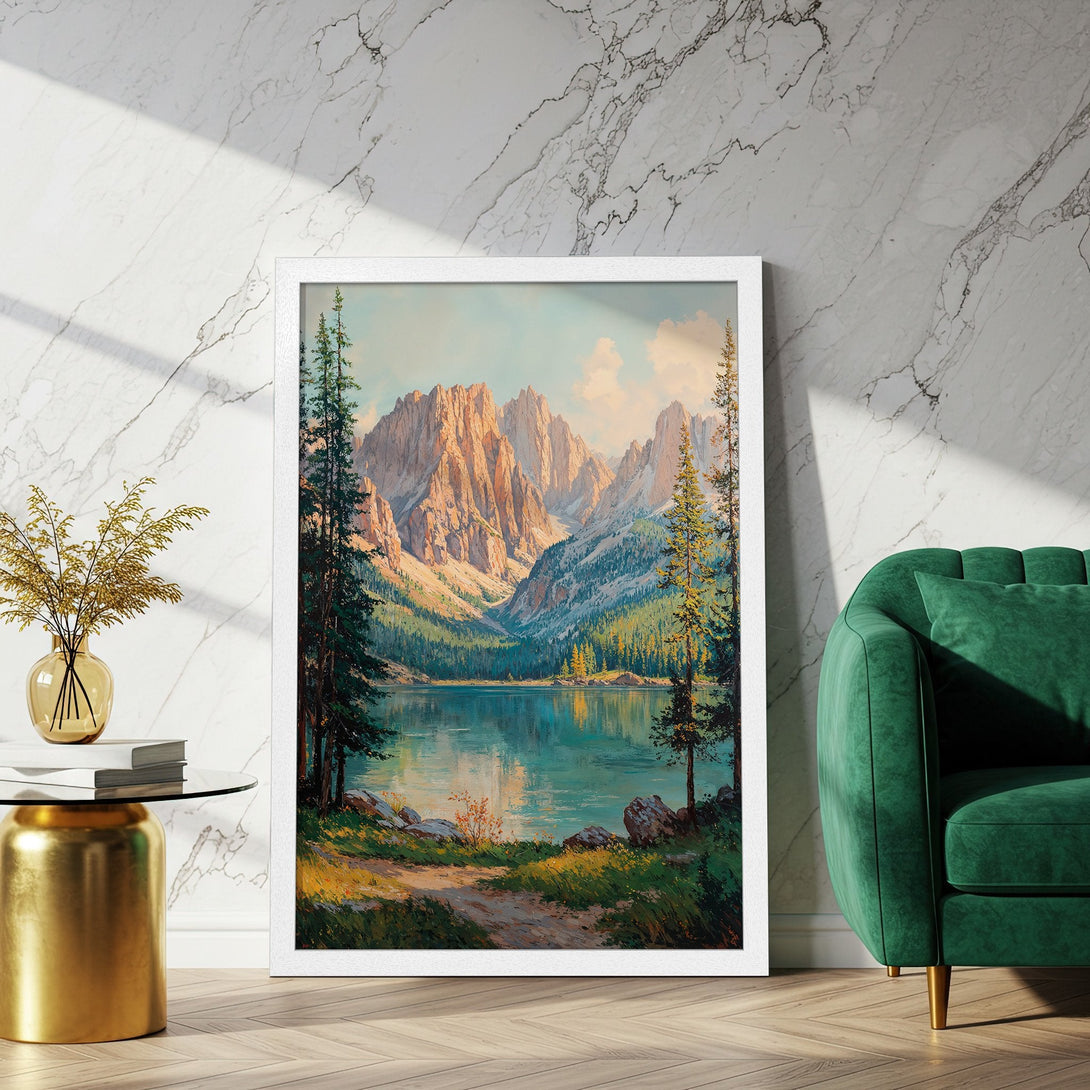 Framed Poster of a serene mountain lake landscape in a painterly style with a warm, earthy color palette. Perfect wall art!