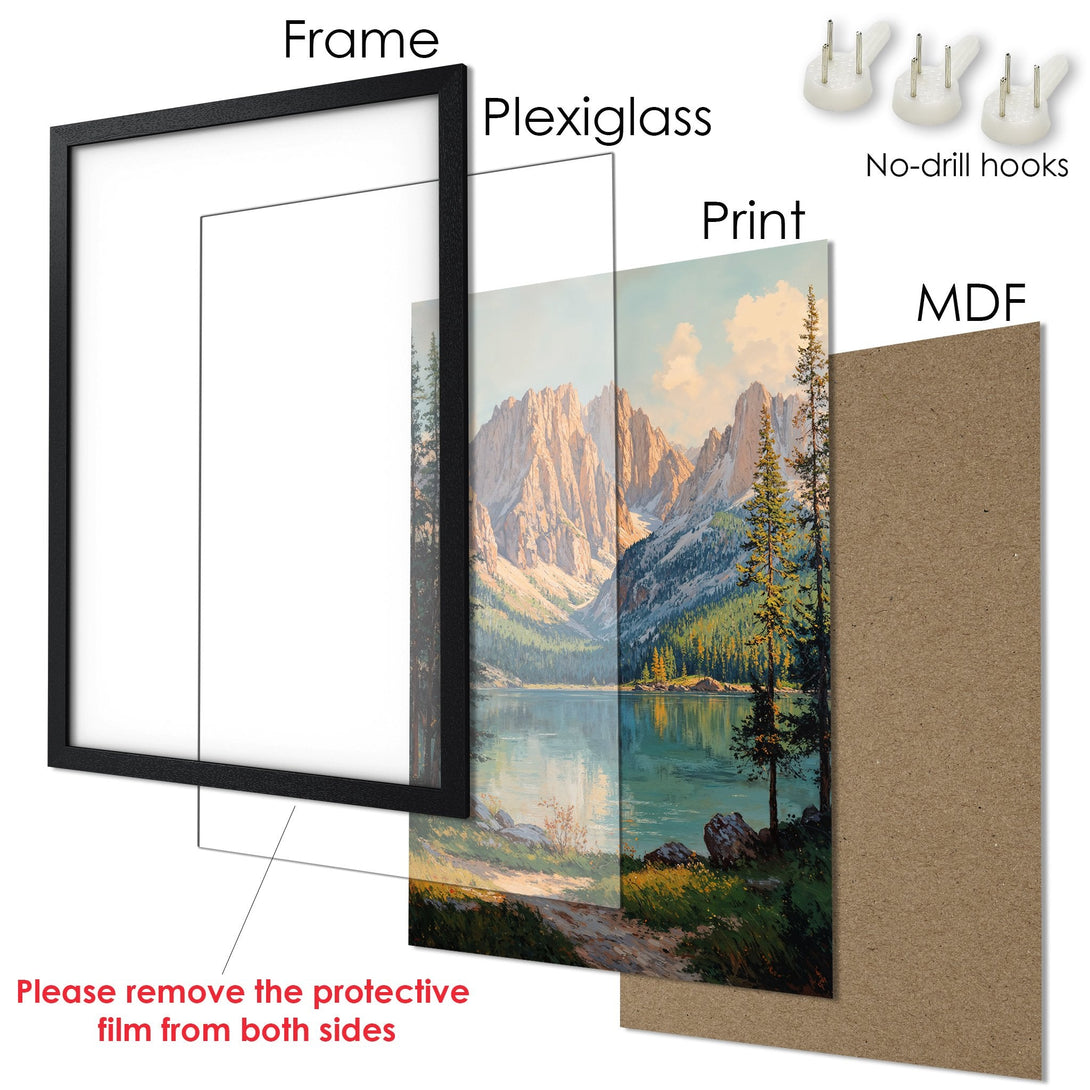 Framed Poster: Mountain landscape art print with vibrant colors. Perfect wall decor!