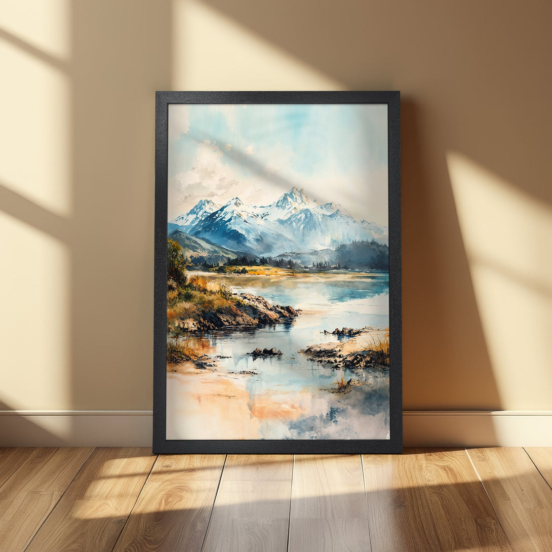 Framed Poster of a watercolor mountain landscape in blue, beige, and orange tones. Perfect wall art for any room!
