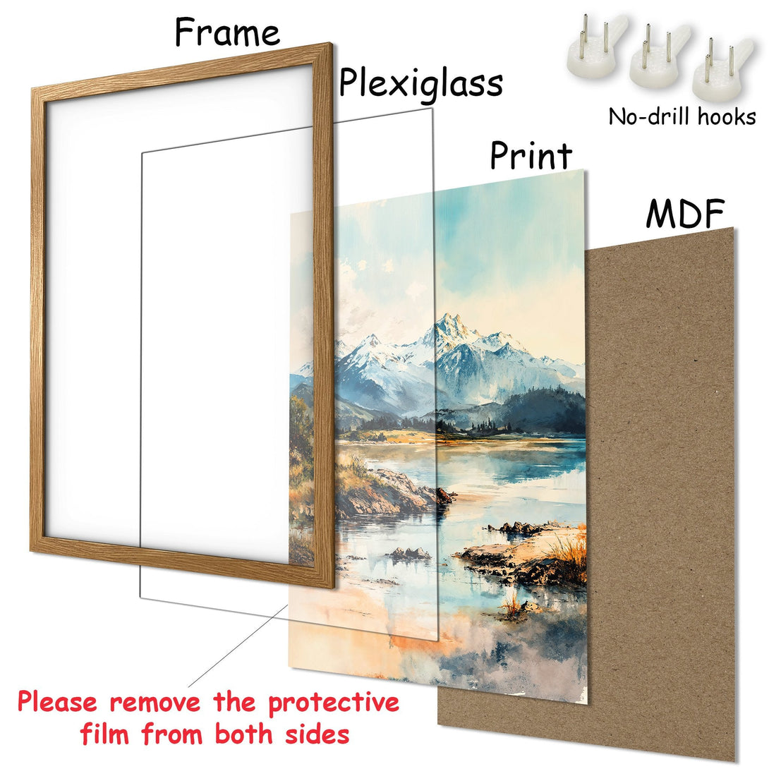 Framed Poster of a serene mountain lake scene. Watercolor style art with cool blue, beige, and green tones. Perfect wall decor.