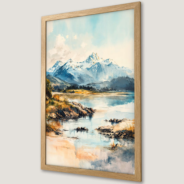 Framed Poster featuring a watercolor mountain lake landscape in blue, beige, and green tones. Perfect wall art!