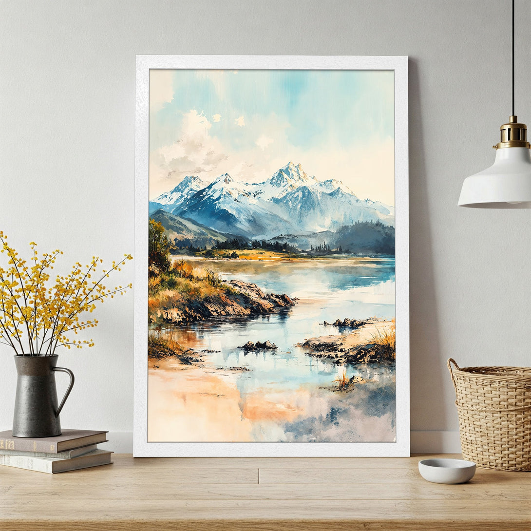 Framed Poster of a serene mountain lake landscape in watercolor style, featuring blue, beige, and green tones. Perfect wall art.