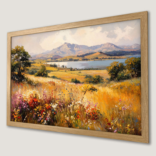 Framed Poster of a vibrant landscape painting with a warm color palette. Featuring a field of wildflowers and mountains.