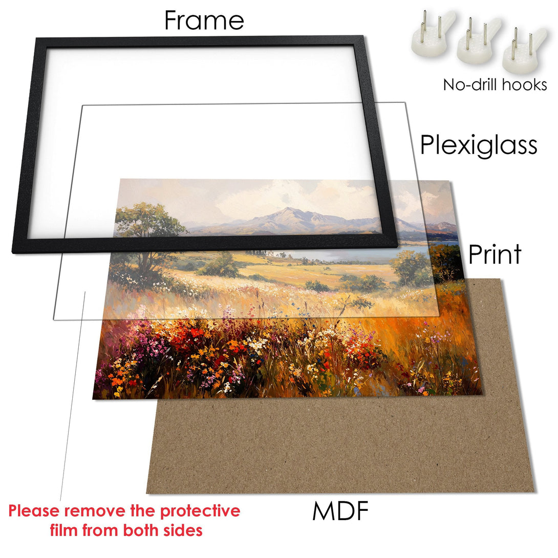 Framed Poster featuring a vibrant landscape painting with warm, earthy tones and a black frame. Perfect wall art!