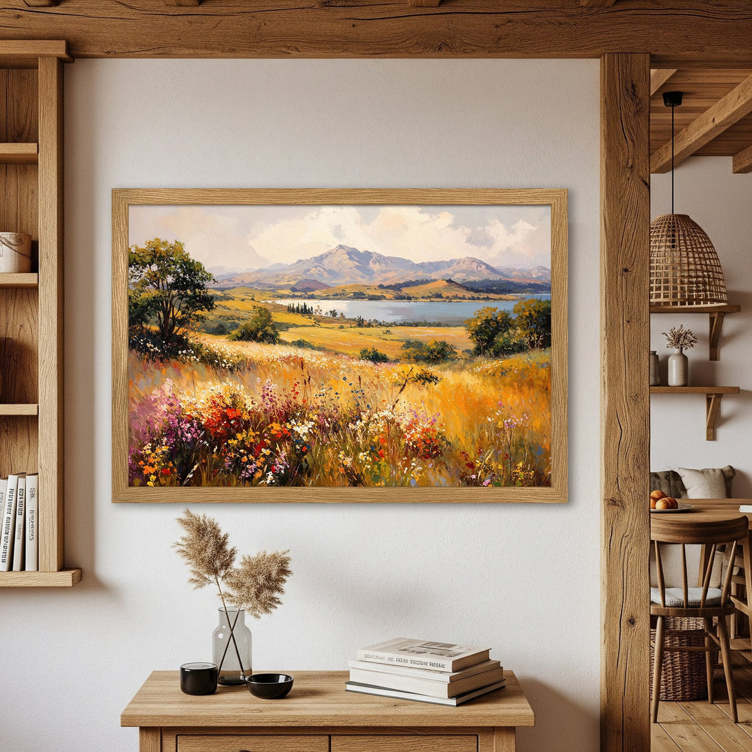 Framed Poster of a vibrant landscape painting in warm tones. Capture the beauty of nature with this stunning art piece.
