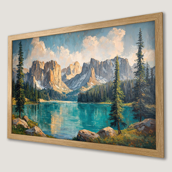 Framed Poster of a serene mountain lake landscape, oil painting style, with teal, green, and earth tones. Perfect wall art.