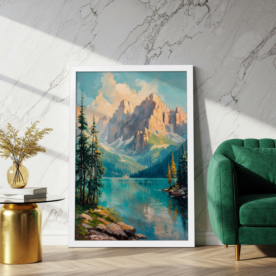 Framed Poster of a mountain lake landscape in a painterly style with teal, blue, and gold tones. Add a touch of nature to your home!