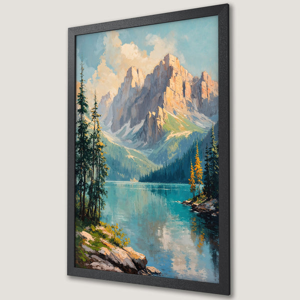 Framed Poster of a mountain lake landscape painting. Impressionistic style with blue, green, and golden color palette. Perfect wall art.