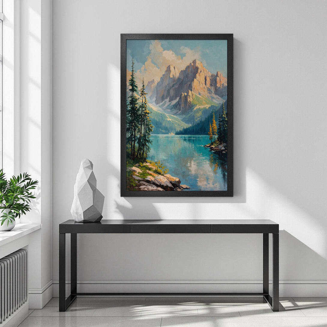 Framed Poster of a mountain lake landscape, impressionist style, with blue, green, and warm tones. Perfect wall art!