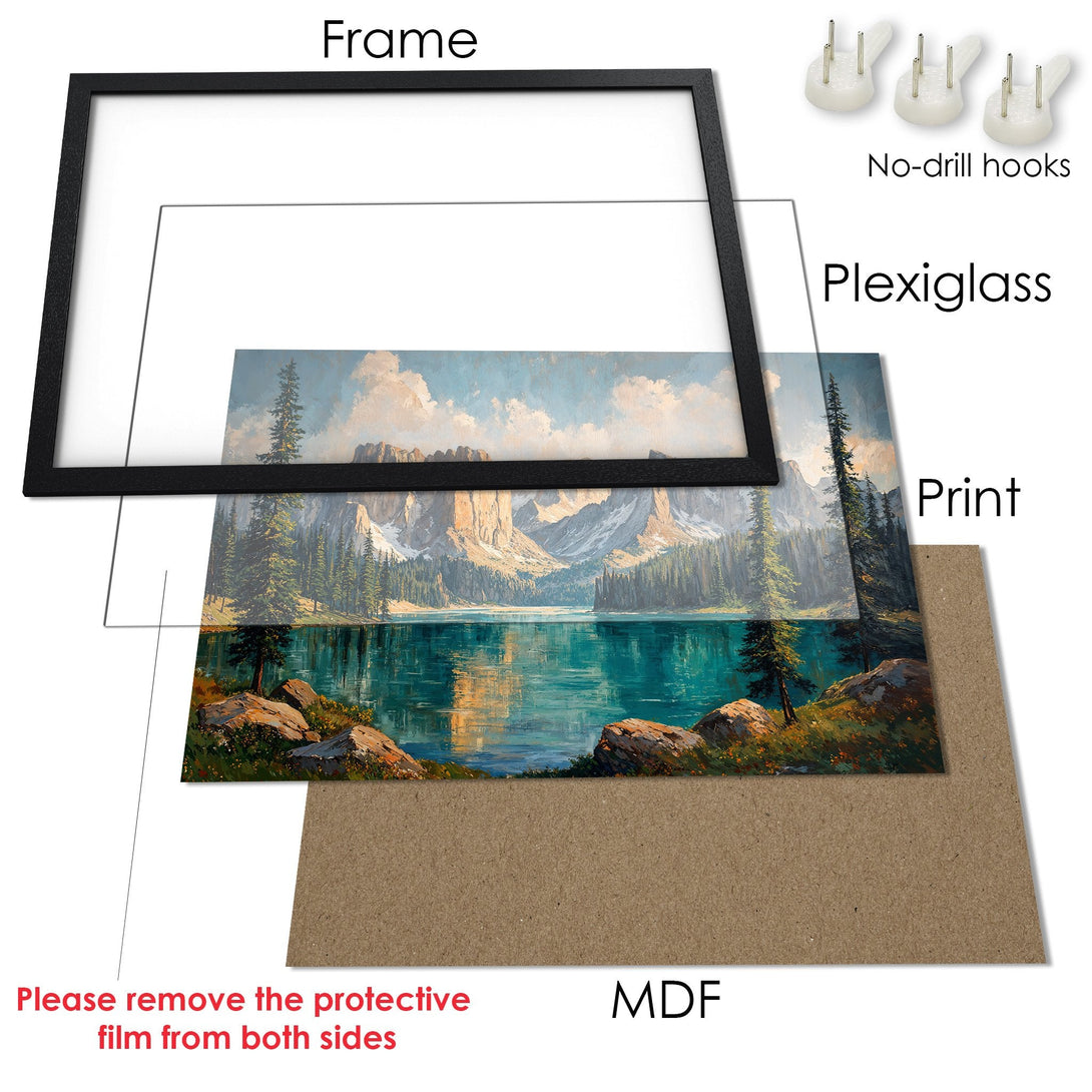 Framed Poster of a serene mountain lake scene, featuring a landscape painting in a black frame with blue and earth tone colors.