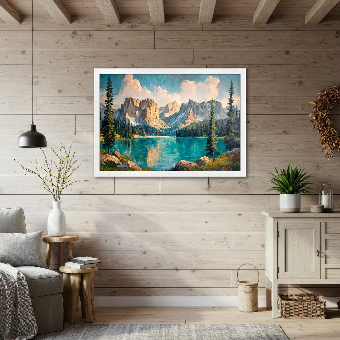 Framed Poster of a serene mountain lake landscape, painted in a vibrant, impressionistic style with a blue, green, and gold color palette.