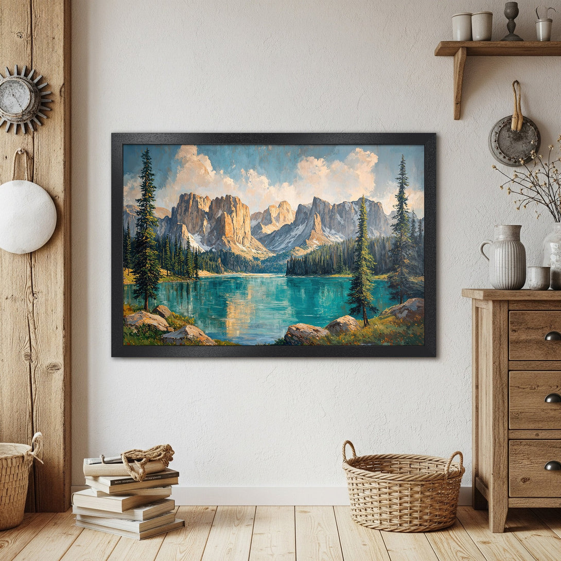 Framed Poster featuring a mountain lake landscape painting in a vibrant blue and green palette, artistic style.