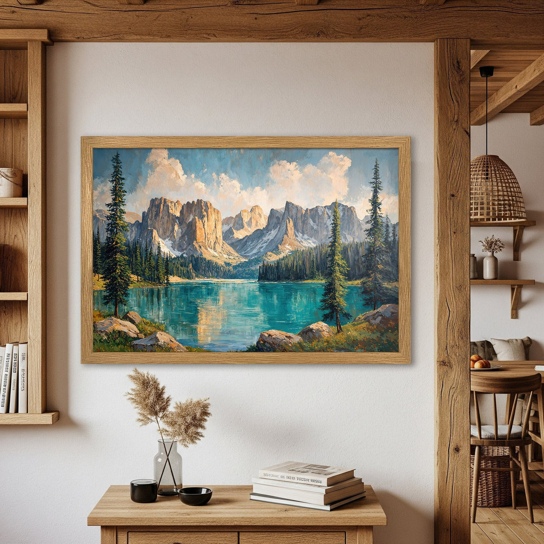 Framed Poster of a serene mountain lake landscape, painted in a rustic style with a blue, green, and brown color palette.