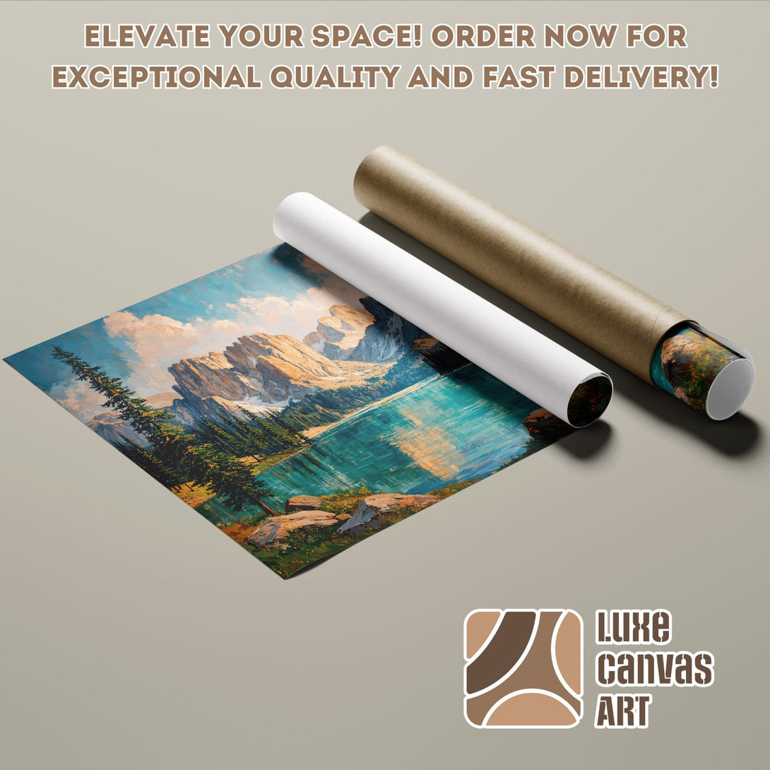 Mountain landscape poster roll, impressionist style, blue and earth tone palette. Order your art today!