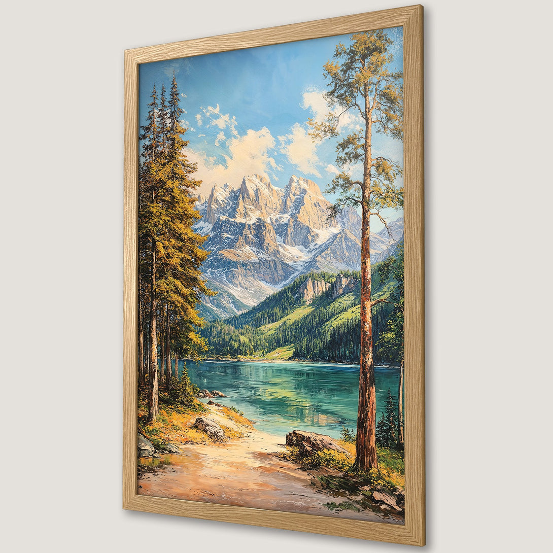 Framed Poster of a mountain lake landscape in a classic style, featuring a blue, green, and brown color palette.
