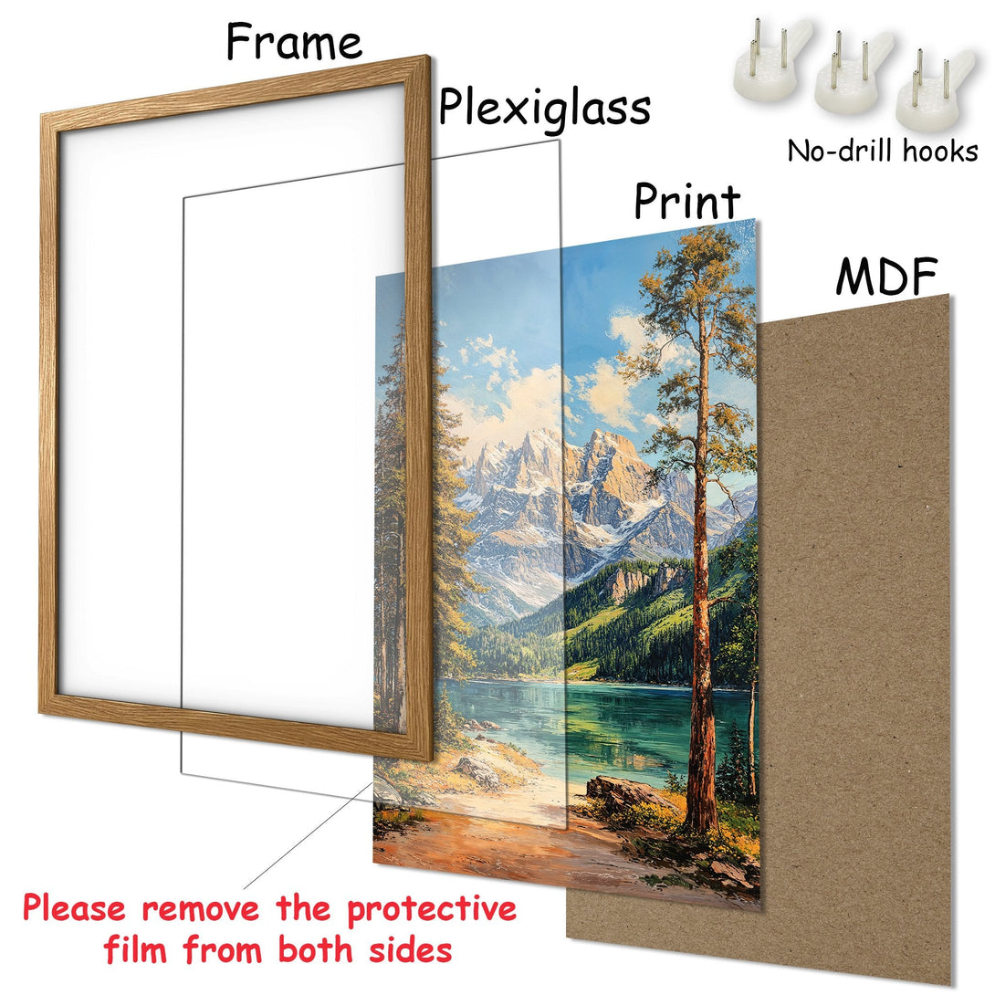 Framed Poster of a mountain landscape in a classic art style. Features a serene lake and a warm, natural color palette. Ready to hang!
