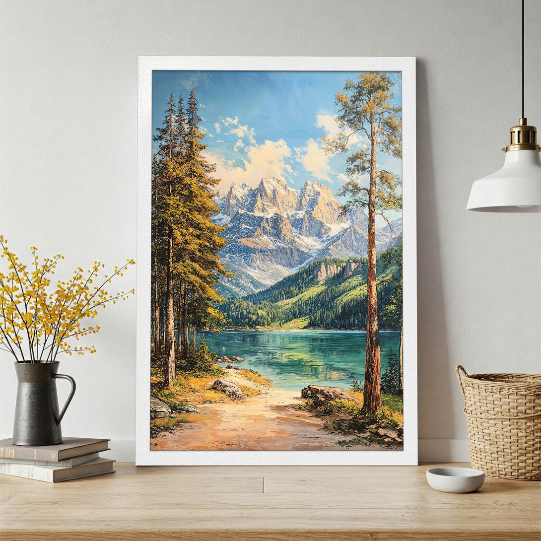 Framed Poster of a serene mountain lake landscape painting. Featuring a vibrant blue, green, and yellow color palette, perfect for home decor.