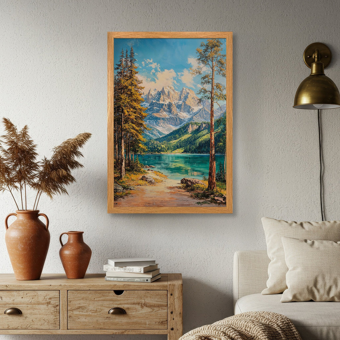 Framed Poster of a serene mountain lake scene. Rustic style, with a blue, green, and brown color palette. Perfect wall art.