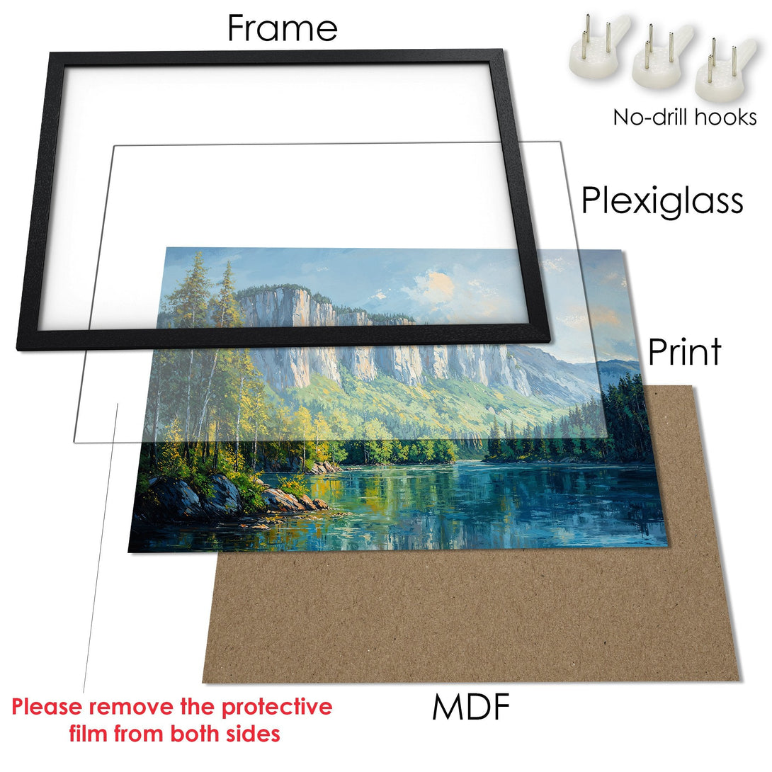 Framed Poster of a serene landscape painting with a blue, green, and yellow color palette. Perfect wall art for your home!