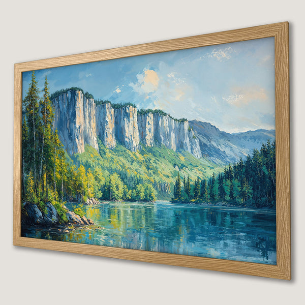 Framed Poster: Scenic landscape art print with a mountain and lake, featuring a vibrant blue, green, and yellow color palette.