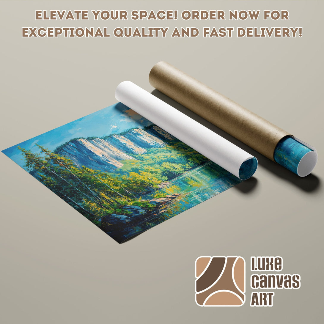 Poster Roll of a landscape painting with blues, greens, and yellows. Elevate your space with art!